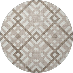 HomeRoots 8' Taupe and Ivory Geometric Washable Round Rug - Durable, Stain Resistant, UV Protected for Modern Homes 651451