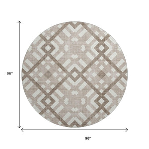 HomeRoots 8' Taupe and Ivory Geometric Washable Round Rug - Durable, Stain Resistant, UV Protected for Modern Homes 651451