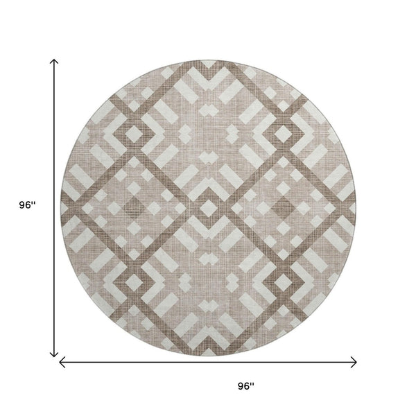 HomeRoots 8' Taupe and Ivory Geometric Washable Round Rug - Durable, Stain Resistant, UV Protected for Modern Homes 651451