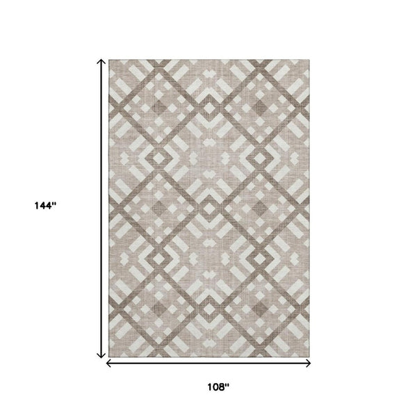 HomeRoots 9' X 12' Taupe and Ivory Geometric Area Rug - Stain Resistant, UV Protected, Modern Design for Homes 651453