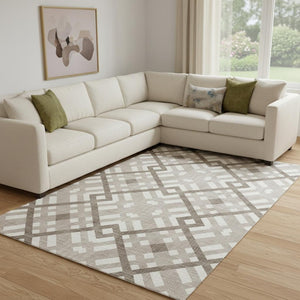 HomeRoots 9' X 12' Taupe and Ivory Geometric Area Rug - Stain Resistant, UV Protected, Modern Design for Homes 651453
