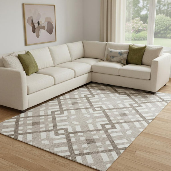 HomeRoots 9' X 12' Taupe and Ivory Geometric Area Rug - Stain Resistant, UV Protected, Modern Design for Homes 651453