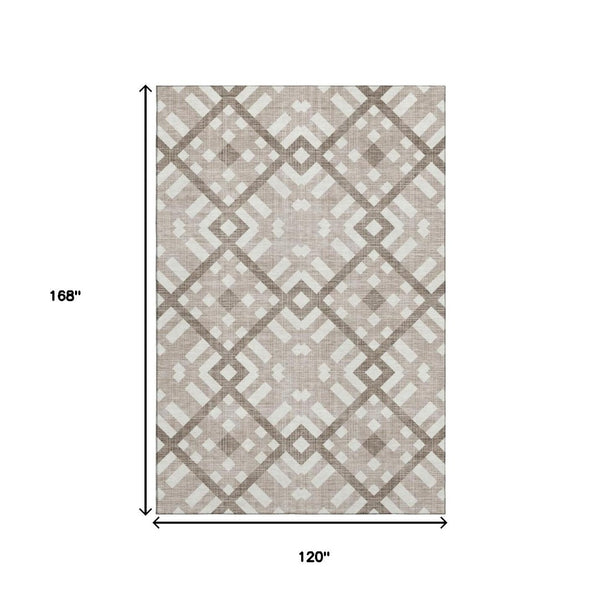 HomeRoots 10' Taupe & Ivory Geometric Area Rug - Washable, UV-Protected, Stain-Resistant for Busy Homes 651454