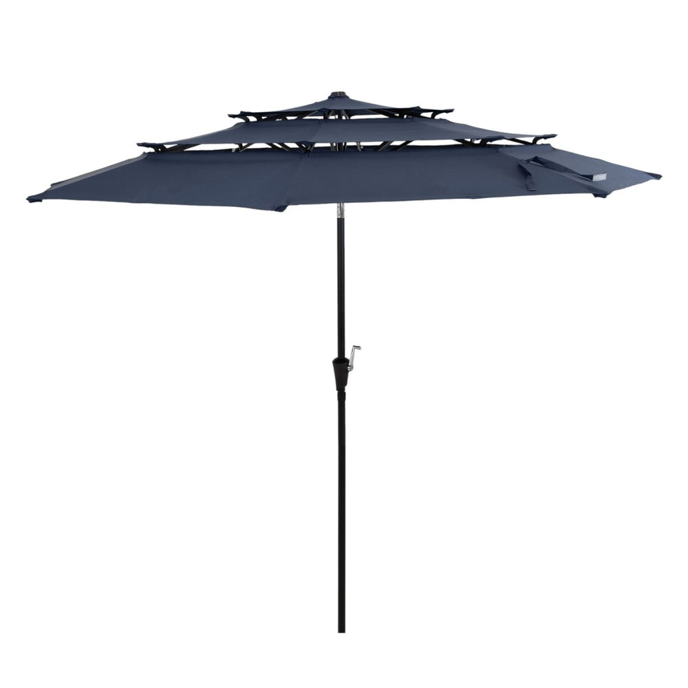 HomeRoots 96" Dark Blue Polyester Octagonal Market Umbrella with Integrated Lighting for Stylish Outdoor Gatherings 651455