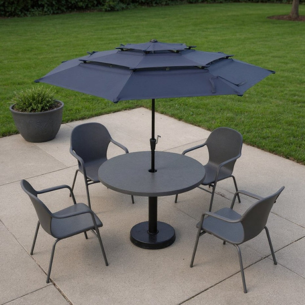 HomeRoots 96" Dark Blue Polyester Octagonal Market Umbrella with Integrated Lighting for Stylish Outdoor Gatherings 651455