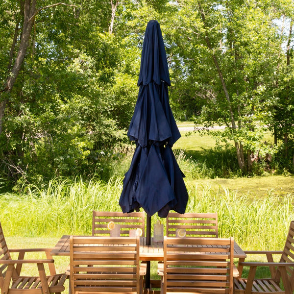 HomeRoots 96" Dark Blue Tilt Lighted Market Umbrella - Stylish Outdoor Canopy with Adjustable Height & UV Protection 651456