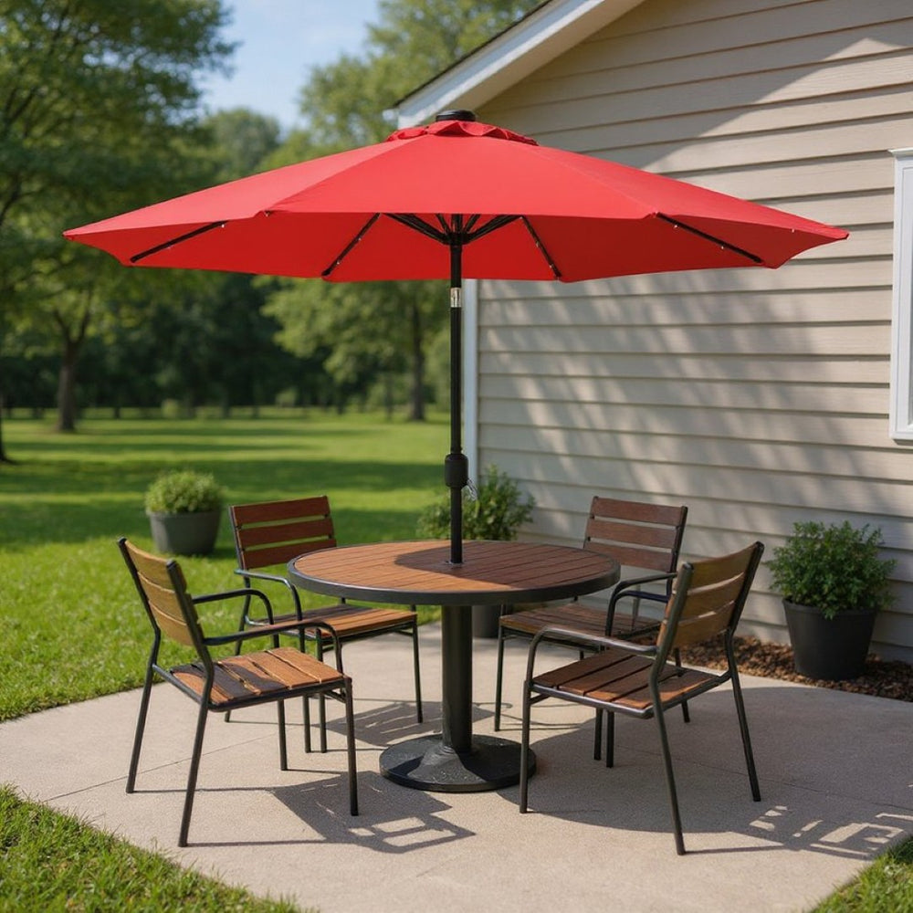 HomeRoots 96" Red Polyester Octagonal Umbrella with Integrated Lighting for Stylish Outdoor Comfort & Shade 651460