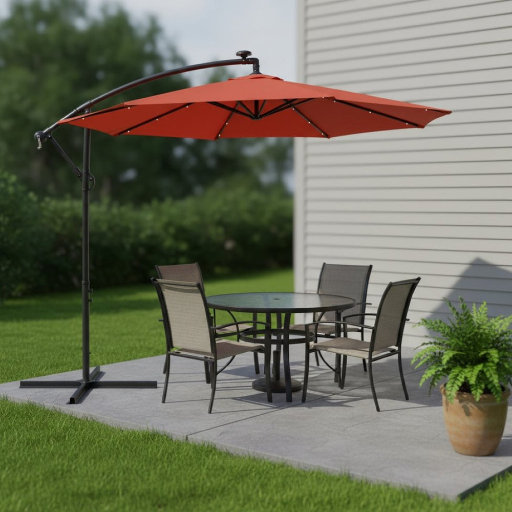 HomeRoots 95" Dark Orange Octagonal Market Umbrella with Integrated Lighting, Crank Lift & Cross Stand Included 651464