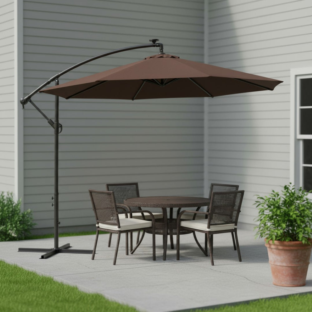 HomeRoots 95" Brown Lighted Market Umbrella - Durable Octagonal Patio Shade with Crank Lift & Tilt Function 651465