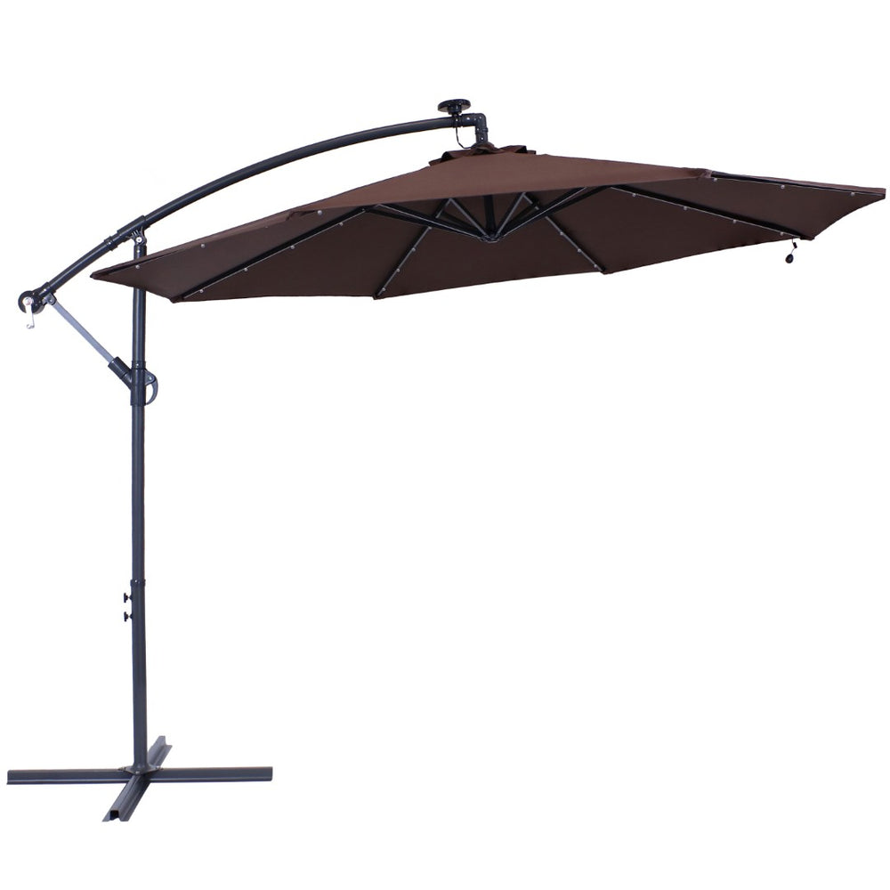 HomeRoots 95" Brown Lighted Market Umbrella - Durable Octagonal Patio Shade with Crank Lift & Tilt Function 651465