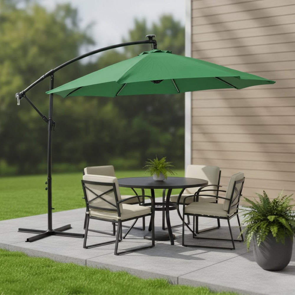 HomeRoots 95" Green Polyester Octagonal Market Umbrella with Lights, Crank Lift, Tilt & Sturdy Steel Frame 651466