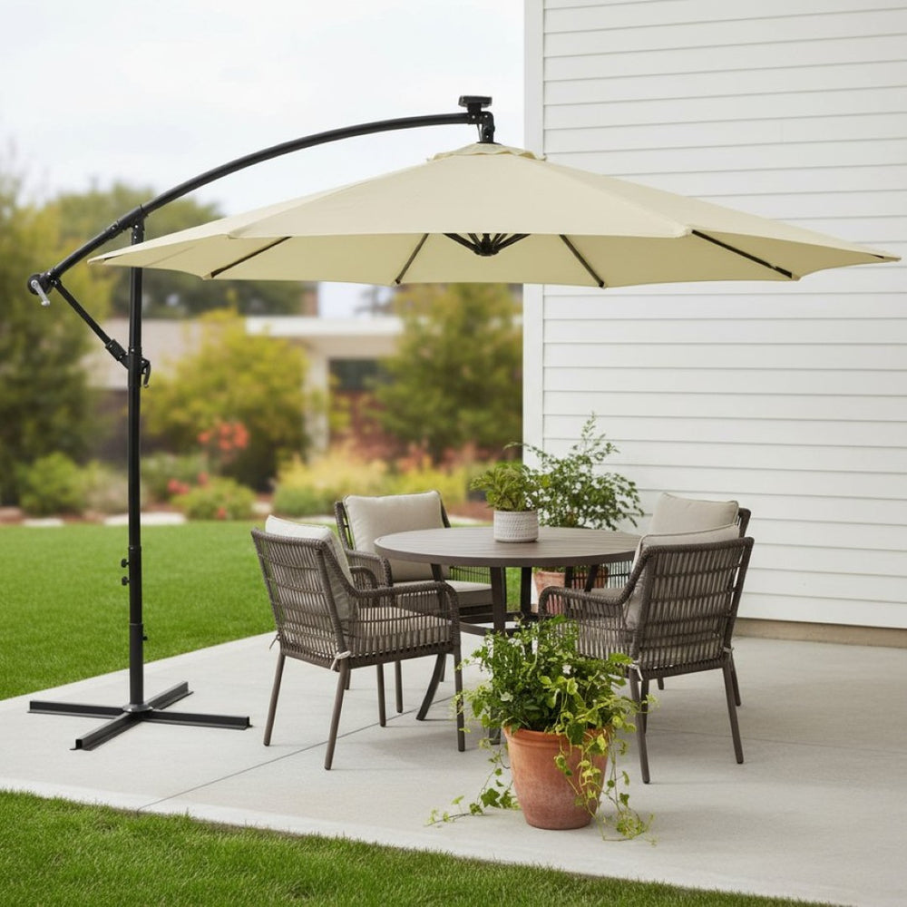 HomeRoots 95" Cream Polyester Lighted Octagonal Market Umbrella with Crank Lift for Stylish Outdoor Shade 651468