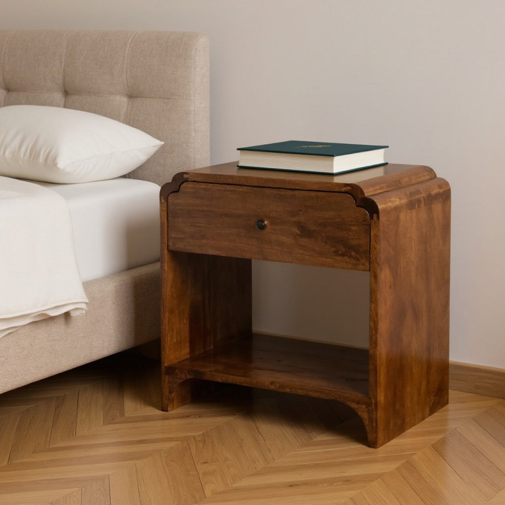 HomeRoots 20" Brown Solid Wood Scalloped Edge Nightstand - Handcrafted Mango Wood Table with Storage & Style 651475