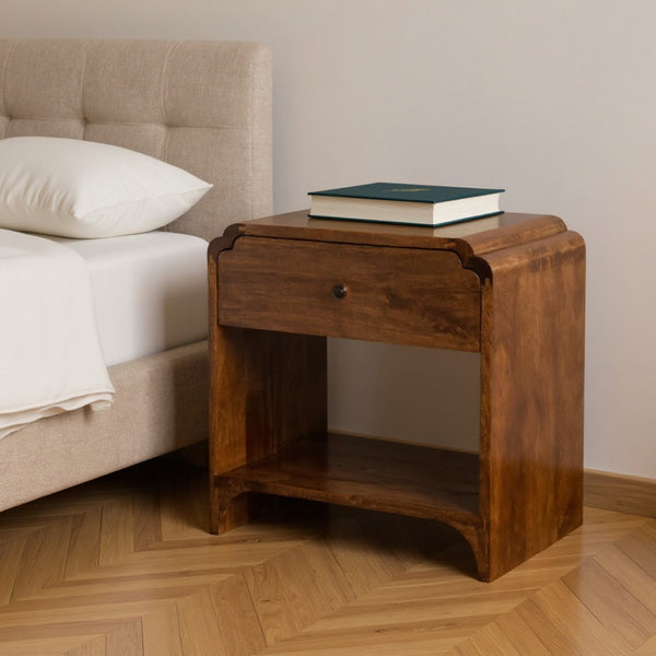 HomeRoots 20" Brown Solid Wood Scalloped Edge Nightstand - Handcrafted Mango Wood Table with Storage & Style 651475