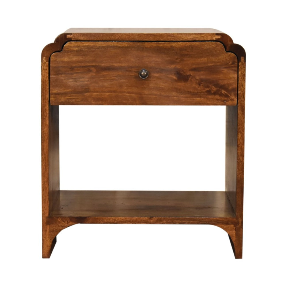 HomeRoots 20" Brown Solid Wood Scalloped Edge Nightstand - Handcrafted Mango Wood Table with Storage & Style 651475