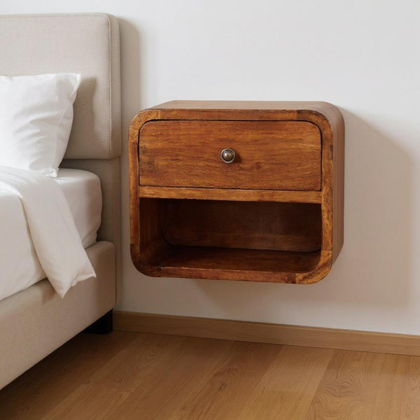 HomeRoots 12" Chestnut Floating Nightstand - Handcrafted Solid Mango Wood with Smart Storage & Modern Design 651479