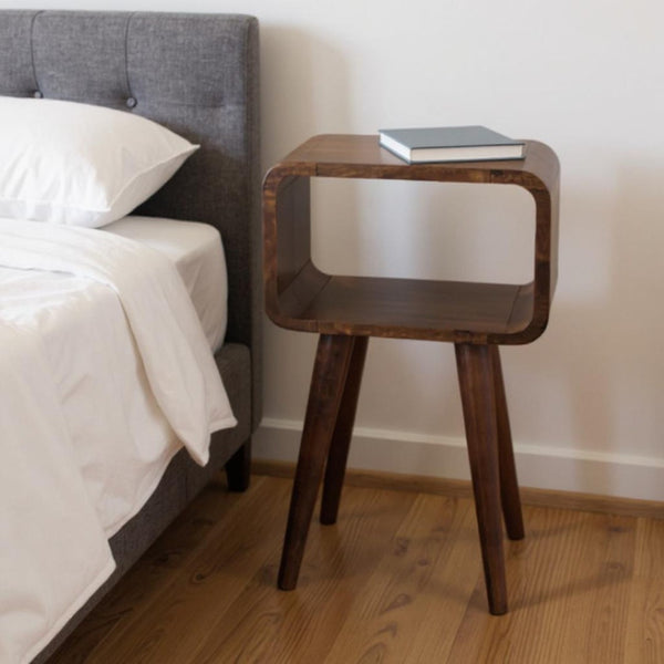 HomeRoots 20" Chestnut Solid Wood Nightstand with Open Shelf - Compact, Handcrafted Accent for Small Spaces 651482