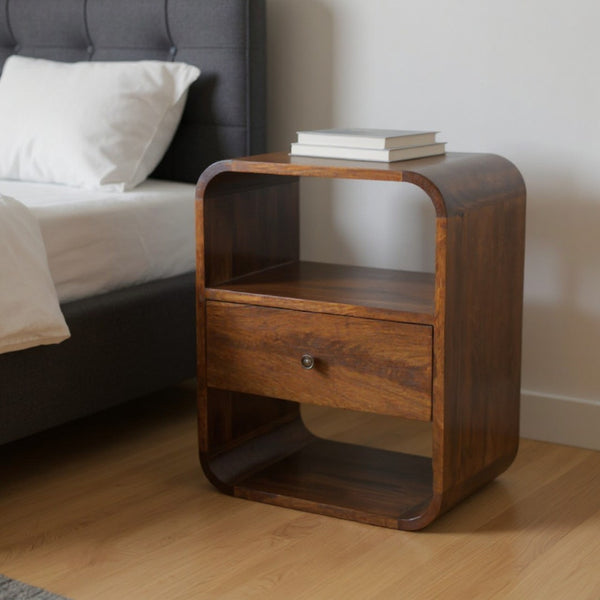 HomeRoots 22" Solid Wood Nightstand with One Drawer and Open Shelves – Modern Space-Saving Design in Brown 651484