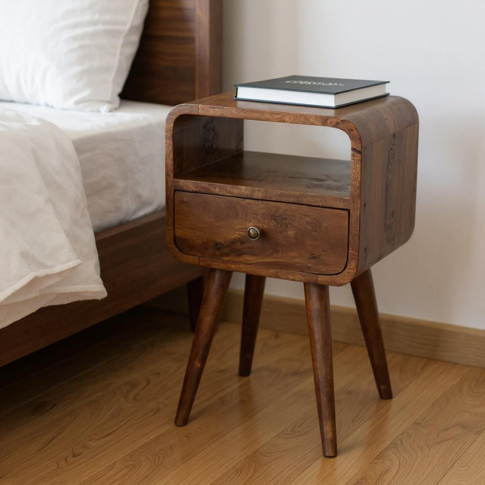 HomeRoots 22" Chestnut Handcrafted Solid Wood Nightstand with Curved Edges - Elegant Storage for Any Room 651487