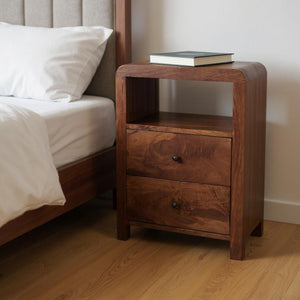 HomeRoots 24" Chestnut Solid Mango Wood Nightstand with Two Drawers & Curved Design for Versatile Storage Solutions 651488