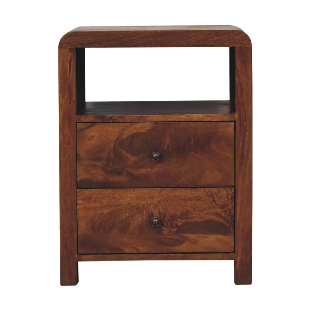 HomeRoots 24" Chestnut Solid Mango Wood Nightstand with Two Drawers & Curved Design for Versatile Storage Solutions 651488