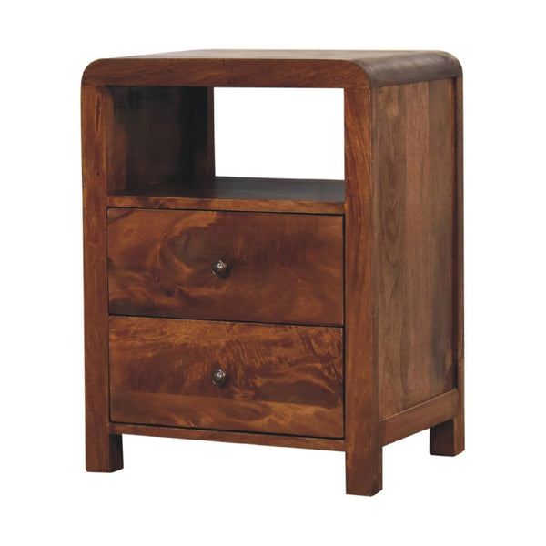 HomeRoots 24" Chestnut Solid Mango Wood Nightstand with Two Drawers & Curved Design for Versatile Storage Solutions 651488