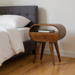 HomeRoots 21" Brown Solid Wood Oval Nightstand with Drawer & Open Shelf - Handcrafted Elegance for Any Space 651489