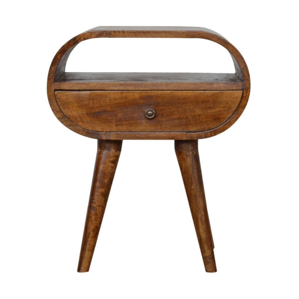 HomeRoots 21" Brown Solid Wood Oval Nightstand with Drawer & Open Shelf - Handcrafted Elegance for Any Space 651489