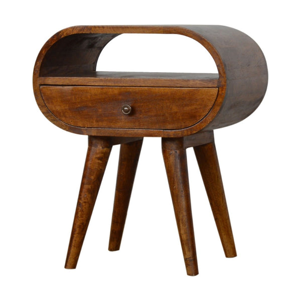 HomeRoots 21" Brown Solid Wood Oval Nightstand with Drawer & Open Shelf - Handcrafted Elegance for Any Space 651489