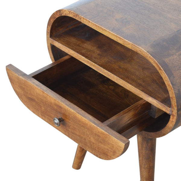 HomeRoots 21" Brown Solid Wood Oval Nightstand with Drawer & Open Shelf - Handcrafted Elegance for Any Space 651489