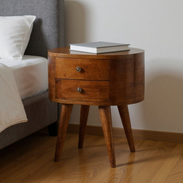 HomeRoots 21" Chestnut Solid Wood Nightstand with Two Drawers - Vintage Oval Design for Stylish Storage Solutions 651490