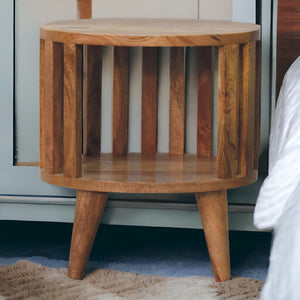HomeRoots 16" Light Brown Round Nightstand - Handcrafted Solid Mango Wood with Slat Back Design & Storage Space 651495