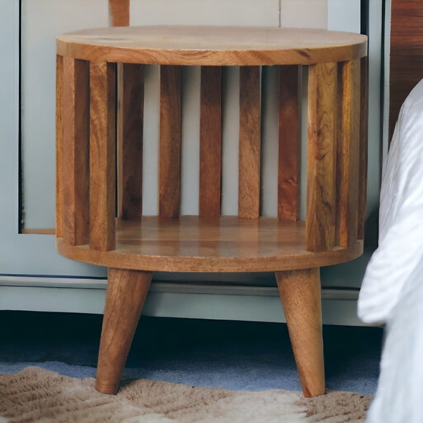 HomeRoots 16" Light Brown Round Nightstand - Handcrafted Solid Mango Wood with Slat Back Design & Storage Space 651495