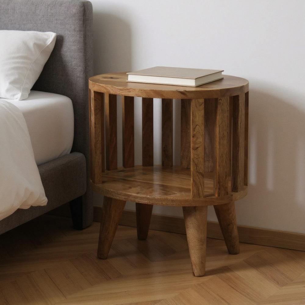 HomeRoots 16" Light Brown Round Nightstand - Handcrafted Solid Mango Wood with Slat Back Design & Storage Space 651495