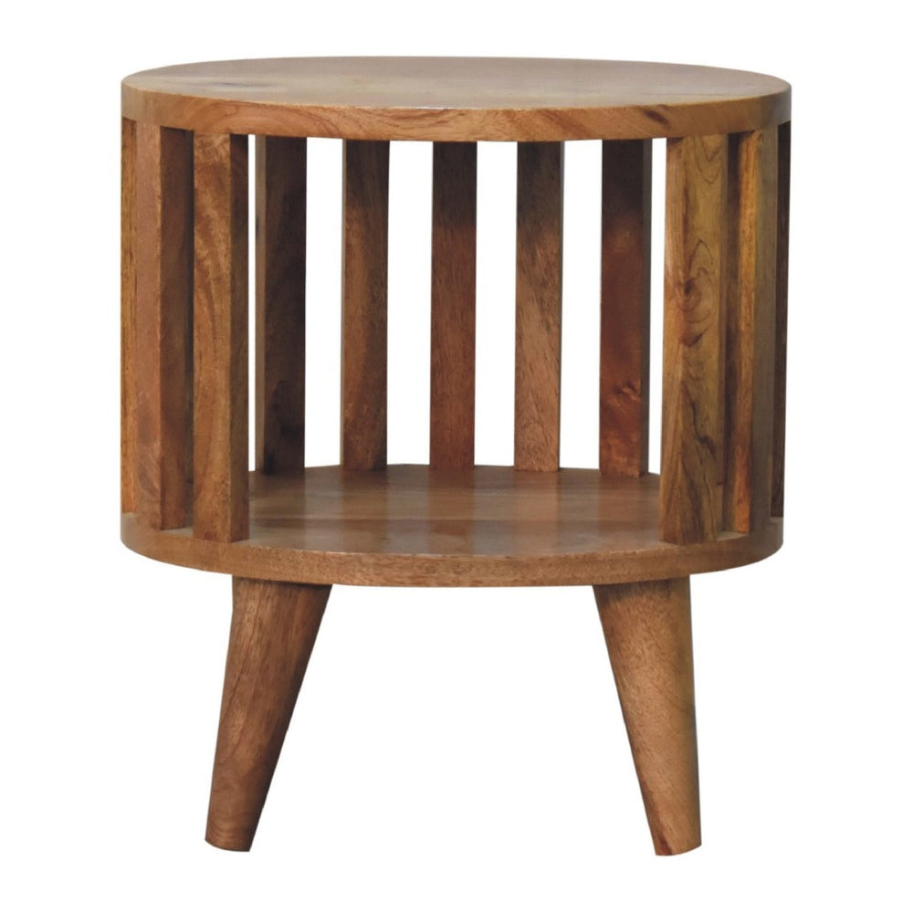 HomeRoots 16" Light Brown Round Nightstand - Handcrafted Solid Mango Wood with Slat Back Design & Storage Space 651495