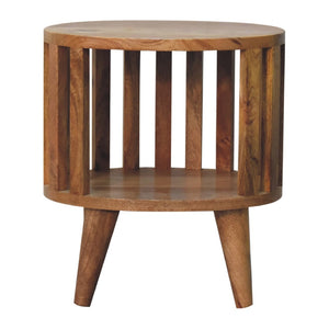 HomeRoots 16" Light Brown Round Nightstand - Handcrafted Solid Mango Wood with Slat Back Design & Storage Space 651495