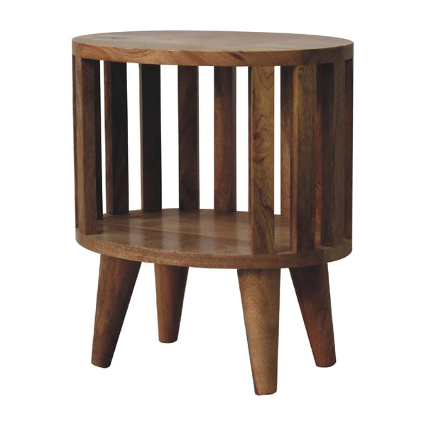 HomeRoots 16" Light Brown Round Nightstand - Handcrafted Solid Mango Wood with Slat Back Design & Storage Space 651495