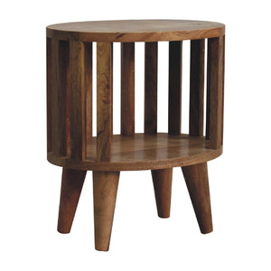 HomeRoots 16" Light Brown Round Nightstand - Handcrafted Solid Mango Wood with Slat Back Design & Storage Space 651495