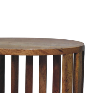 HomeRoots 16" Light Brown Round Nightstand - Handcrafted Solid Mango Wood with Slat Back Design & Storage Space 651495