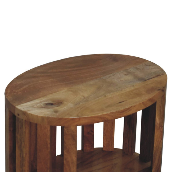 HomeRoots 16" Light Brown Round Nightstand - Handcrafted Solid Mango Wood with Slat Back Design & Storage Space 651495