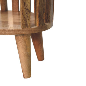 HomeRoots 16" Light Brown Round Nightstand - Handcrafted Solid Mango Wood with Slat Back Design & Storage Space 651495