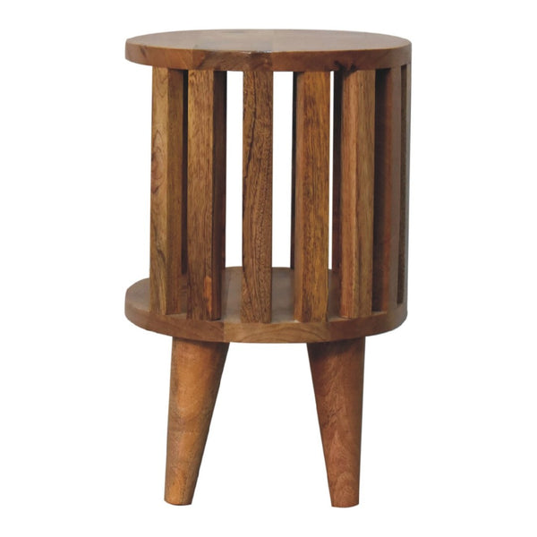 HomeRoots 16" Light Brown Round Nightstand - Handcrafted Solid Mango Wood with Slat Back Design & Storage Space 651495