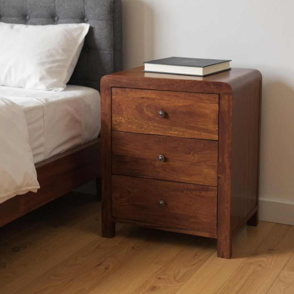 HomeRoots 24" Chestnut Solid Wood Nightstand - Elegant Three Drawer Design for Stylish Bedroom Storage Solutions 651498