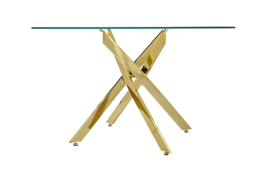 English Elm Modern Tempered Glass Dining Table with Metallic Iron Frame for Compact Spaces Golden W3590S00007