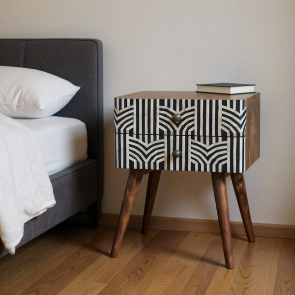 HomeRoots 23" Handcrafted Black, White & Brown Geometric Bone Inlay Nightstand with Two Spacious Drawers 651501