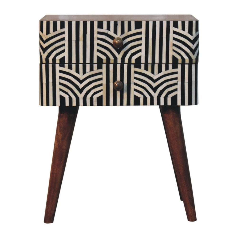 HomeRoots 23" Handcrafted Black, White & Brown Geometric Bone Inlay Nightstand with Two Spacious Drawers 651501