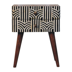 HomeRoots 23" Handcrafted Black, White & Brown Geometric Bone Inlay Nightstand with Two Spacious Drawers 651501