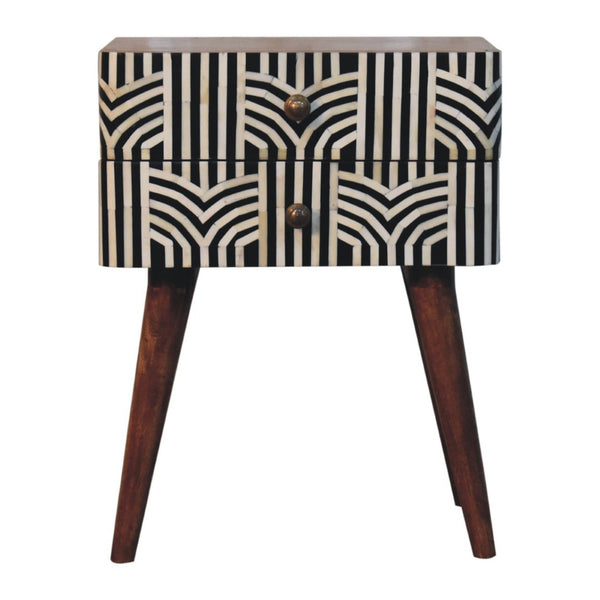 HomeRoots 23" Handcrafted Black, White & Brown Geometric Bone Inlay Nightstand with Two Spacious Drawers 651501
