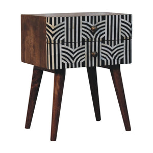 HomeRoots 23" Handcrafted Black, White & Brown Geometric Bone Inlay Nightstand with Two Spacious Drawers 651501