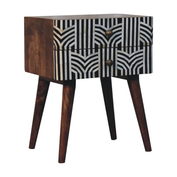 HomeRoots 23" Handcrafted Black, White & Brown Geometric Bone Inlay Nightstand with Two Spacious Drawers 651501